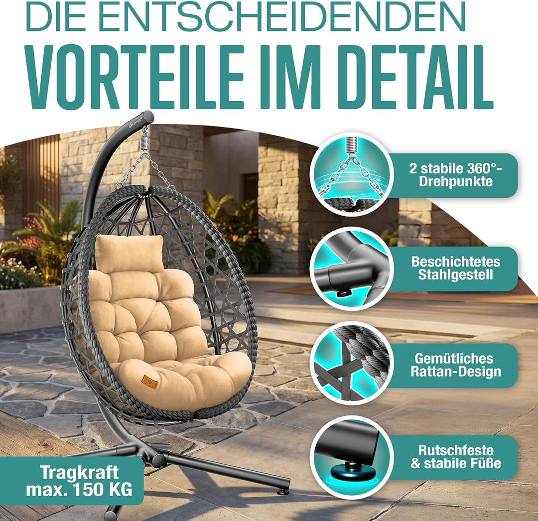 KESSER® Hängesessel mit Gestell Outdoor Indoor Schaukelstuhl Polyrattan 360° 150kg Tragkraft inkl. P