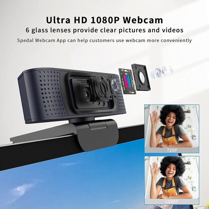 Spedal 1080p Full HD Webcam mit Autofokus, Dual Mikrofon & Privatsphäre Schutz, USB Anschluss, kompa