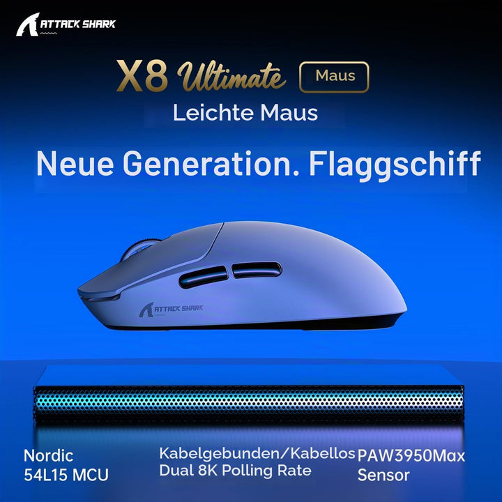 ATTACK SHARK X8 Ultimate Mouse for Large Hand, 65g Superlight, Nordic 54L15MCU, PixArt PAW3950MAX Ga