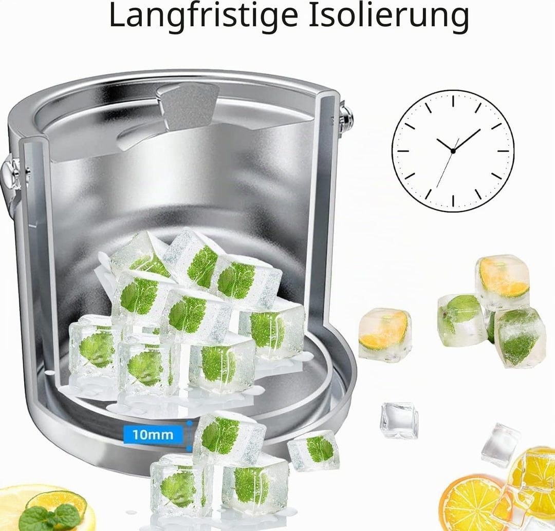 1.3L Eiswürfelbehälter mit Deckel und Zange Doppelwandig Eiswürfelkühler Edelstahl Eiseimer Sektkühl