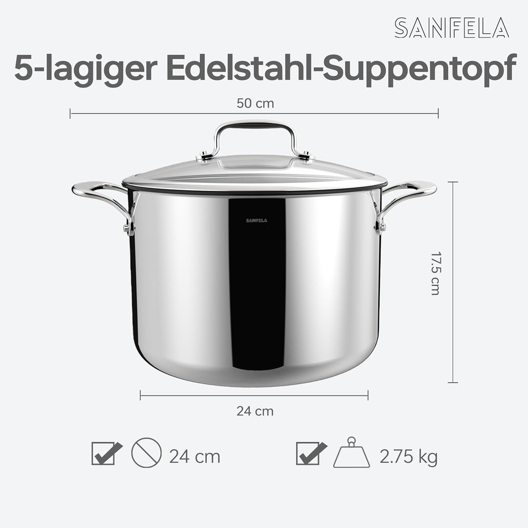 Edelstahl-Suppentopf mit Glas Deckel, 24 cm/8 l, 5-lagiges Edelstahl-Kochgeschirr, induktionsgeeigne