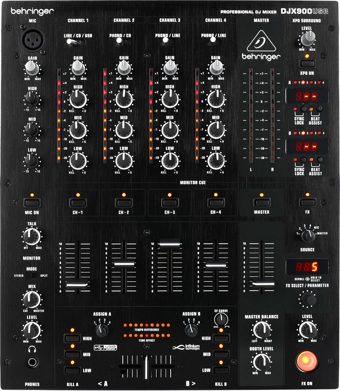 Behringer PRO MIXER DJX900USB Professioneller 5-Kanal-DJ-Mixer mit INFINIUM „kontaktlosem“ VCA-Cross