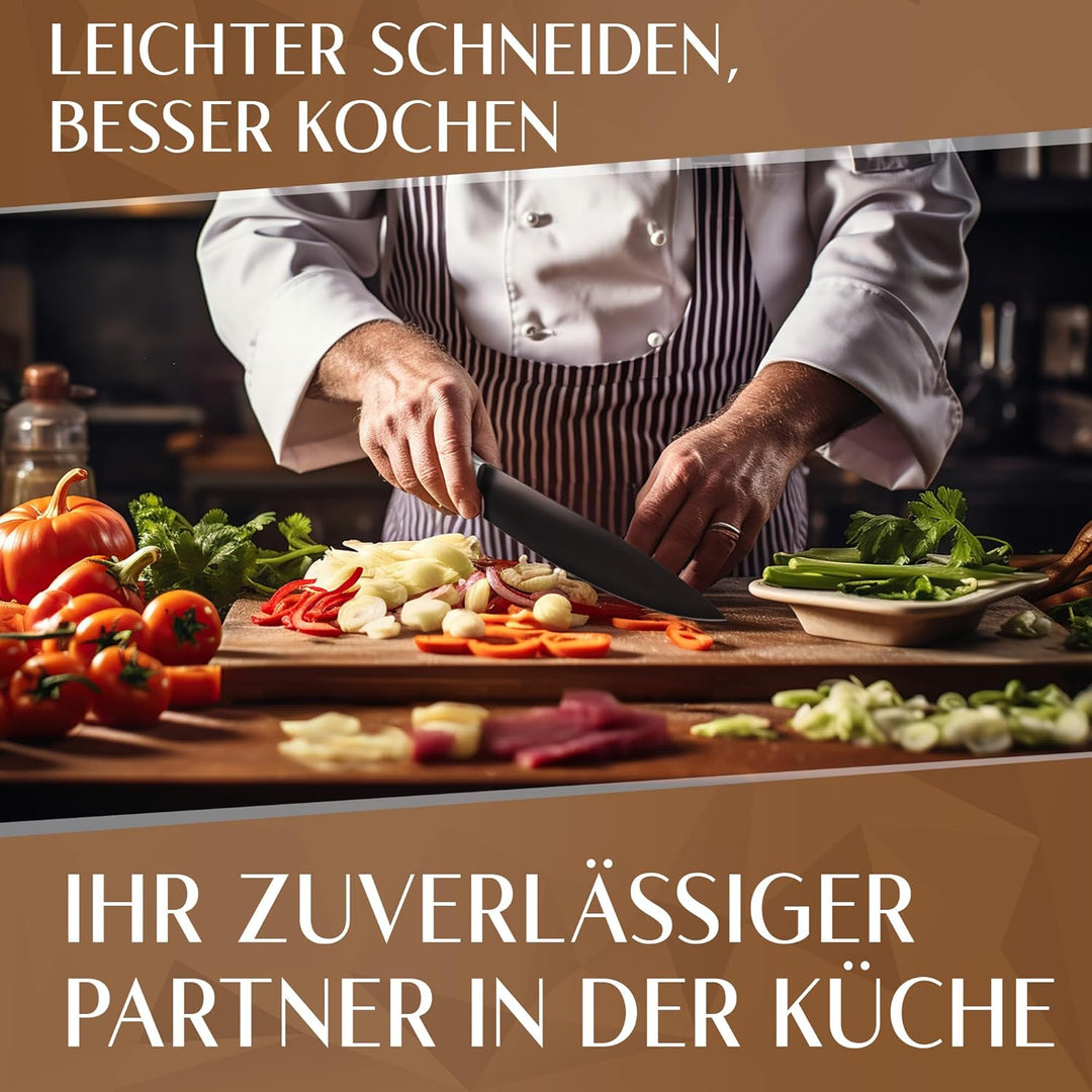 Glavory - Küchenmesser mit schwarzer Klinge und Holzgriff - 20cm Klinge - Kochmesser mit extrem scha