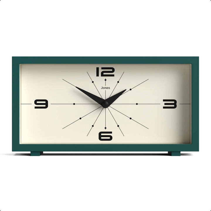 JONES CLOCKS® Schreibtischuhr 'Odeon' – modernes rechteckiges Design in Grün, stilvoller Retro-Look