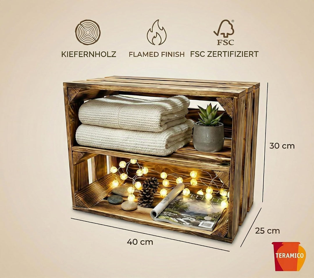 Teramico Vintage Holzkisten 40 x 30 x 25cm geflammt | Weinkisten &amp; Obstkisten | Set-Angebote (2er Se