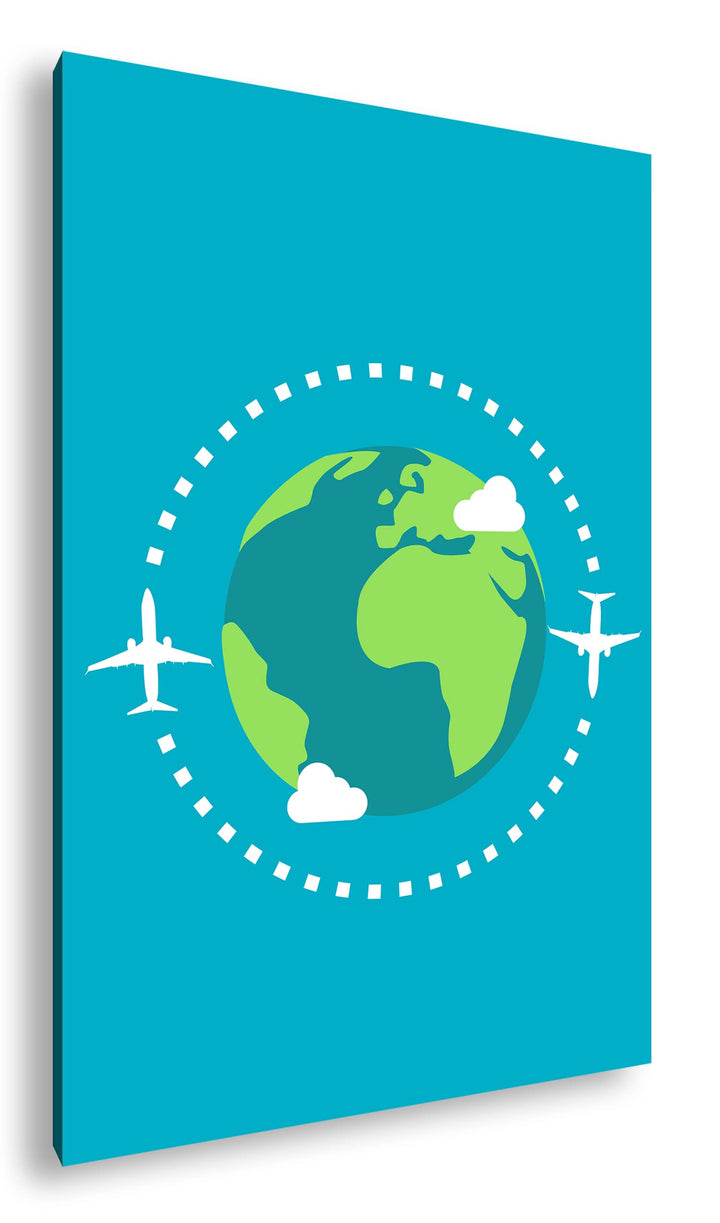 Flugzeug um die Erde Logo Format: 100x70 als Leinwandbild, Motiv fertig gerahmt auf Echtholzrahmen,