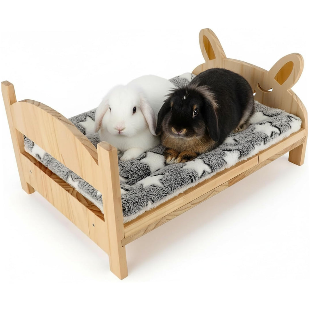 NIDONE Häschenbett aus Holz, niedliches Kleintierbett mit weicher Decke, 2-in-1, abnehmbar, für Meer