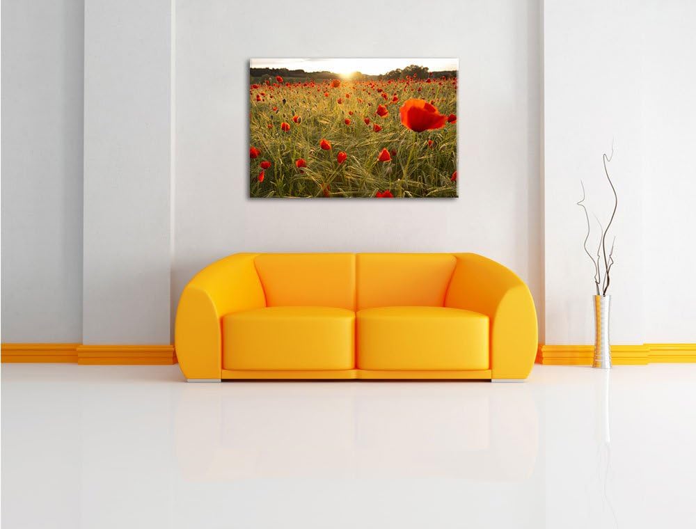 Pixxprint Traumhaftes Mohnfeld bei Sonnenuntergang, Format: 100x70 auf Leinwand, riesige Bilder fert