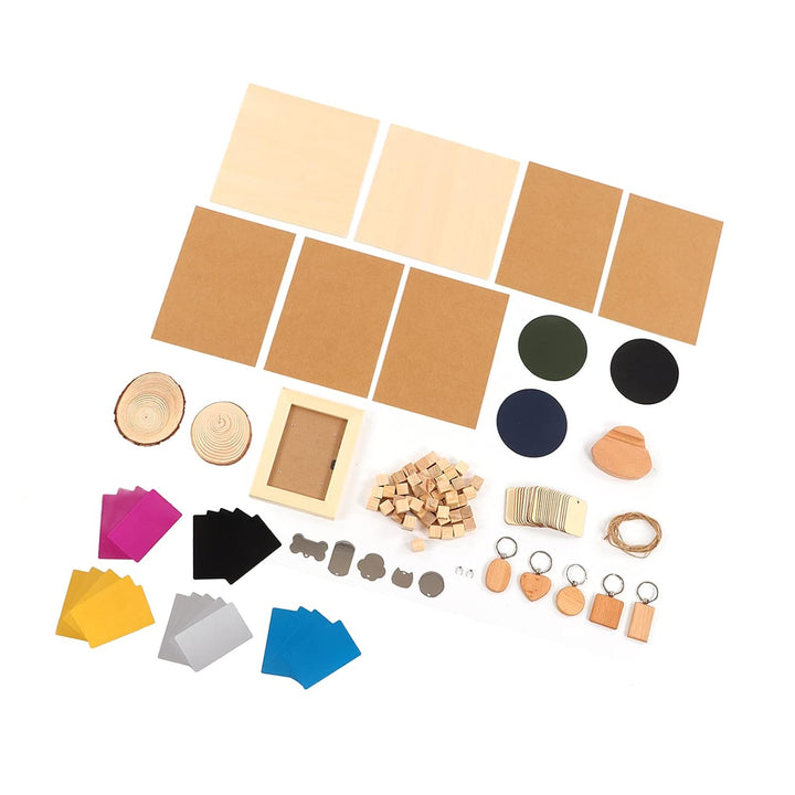 Lasergravurmodul, Lasermaterial-Kit, 11 Arten Material, Edelstahl, Kiefernholz, DIY-Herstellung, CNC