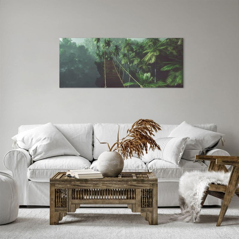 Panorama Bilder auf Leinwand 100x40cm Leinwandbild Dschungel Palme Brücke Gross Wanddeko Bild Schlaf