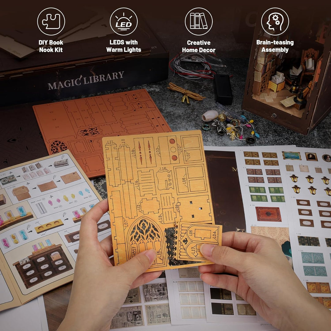 DIY Book Nook Kit, Puppenhäuser Miniatur Haus Kit mit Staubschutzhülle LED-Licht 3D Puzzle Aus Holz