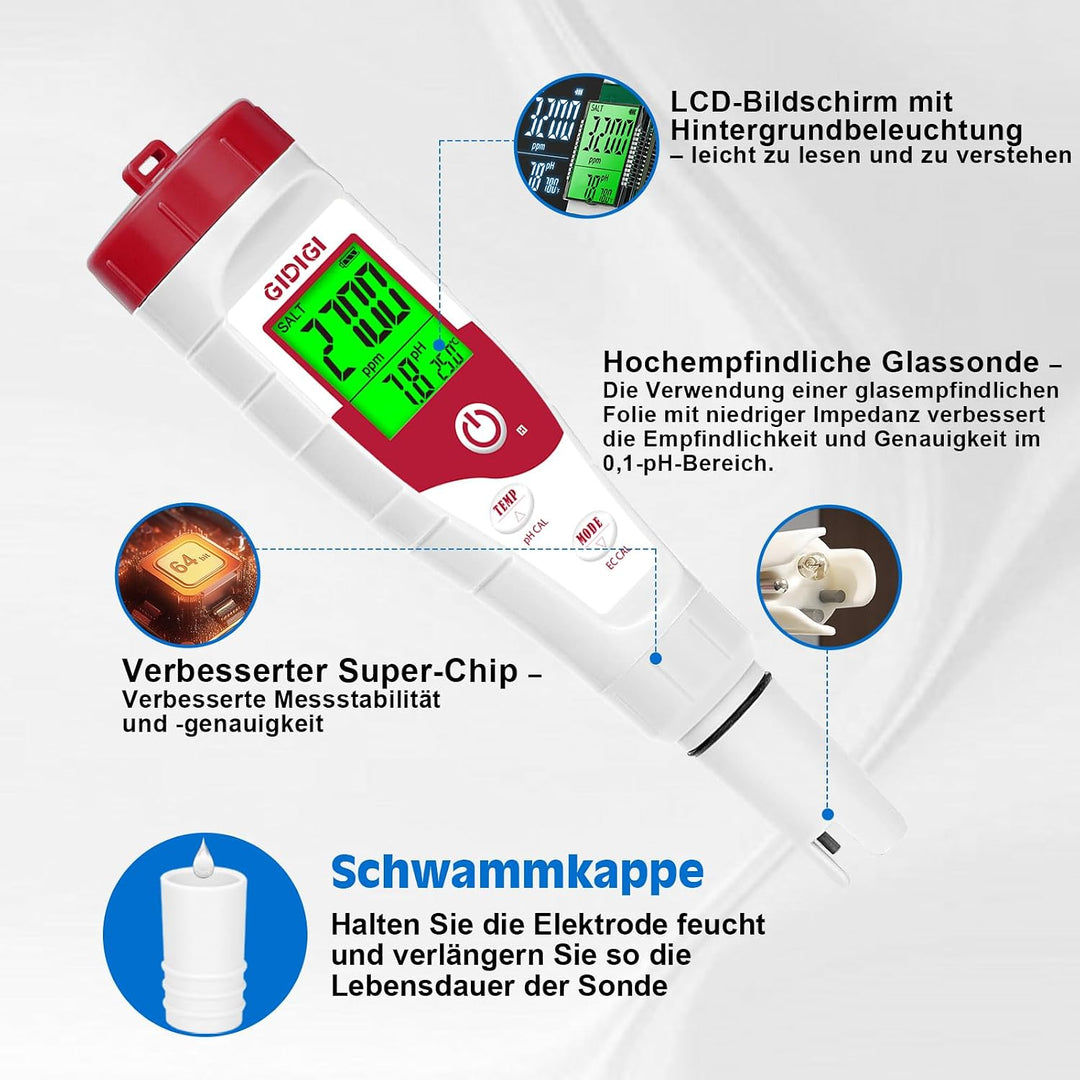 Digitaler Salztester für Pools, pH-Salzgehaltmessgerät für Salzwasserpools mit 12,88 mS/cm Kalibrier