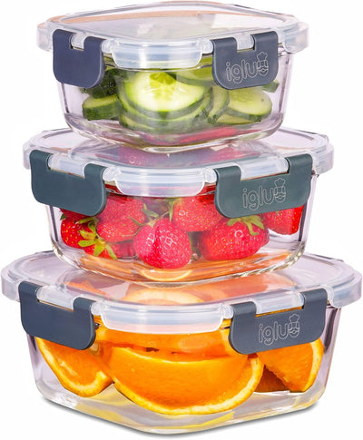 Igluu Meal Prep - Stapelbare quadratische Behälter aus Glas (3 Stück) – BPA-freie auslaufsicherer, l