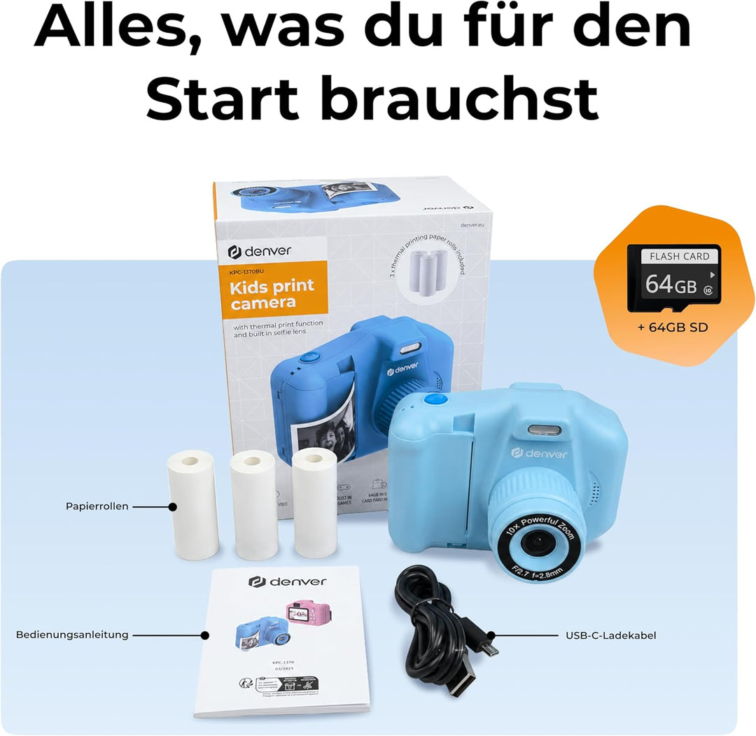 Denver KPC-1370BU Sofortbildkamera Kinder mit 2,8" Display | Sofortdruck Kamera für Kinder | Kinderk