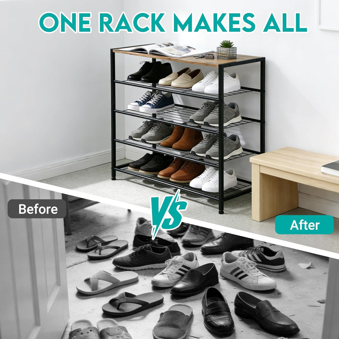 Schuhregal, Schuhregal 5 Ebenen mit Sitzgelegenheit, Metall-Schuhablage für Kleiderschrank, Flur, Ei