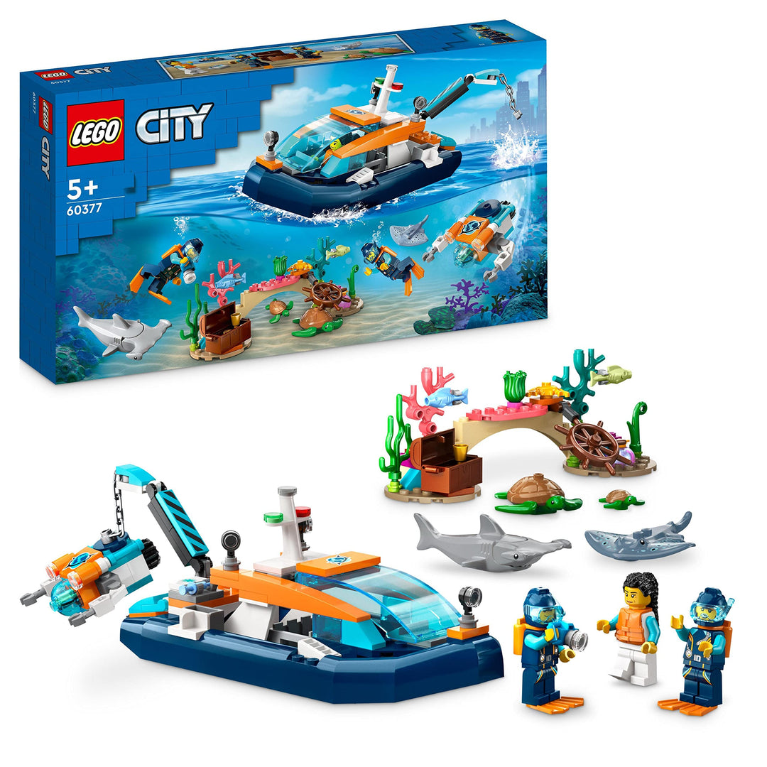 LEGO 60377 City Meeresforscher-Boot Spielzeug, Set enthält EIN Korallenriff, EIN U-Boot, 3 Minifigur