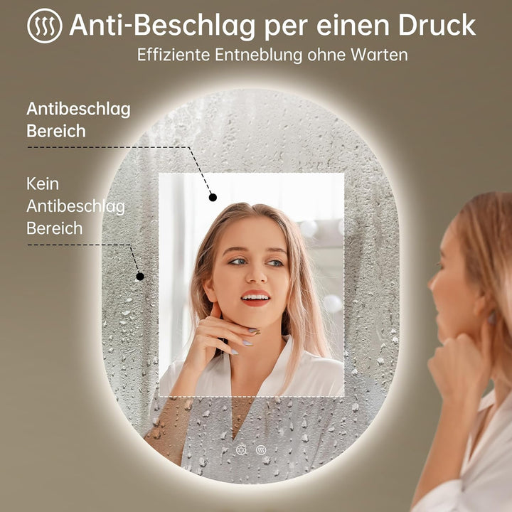 Spiegel mit Beleuchtung Oval LED Badspiegel 60 x 80 cm mit Touch-Schalter, Dimmbar 3 Lichtfarbe Eins