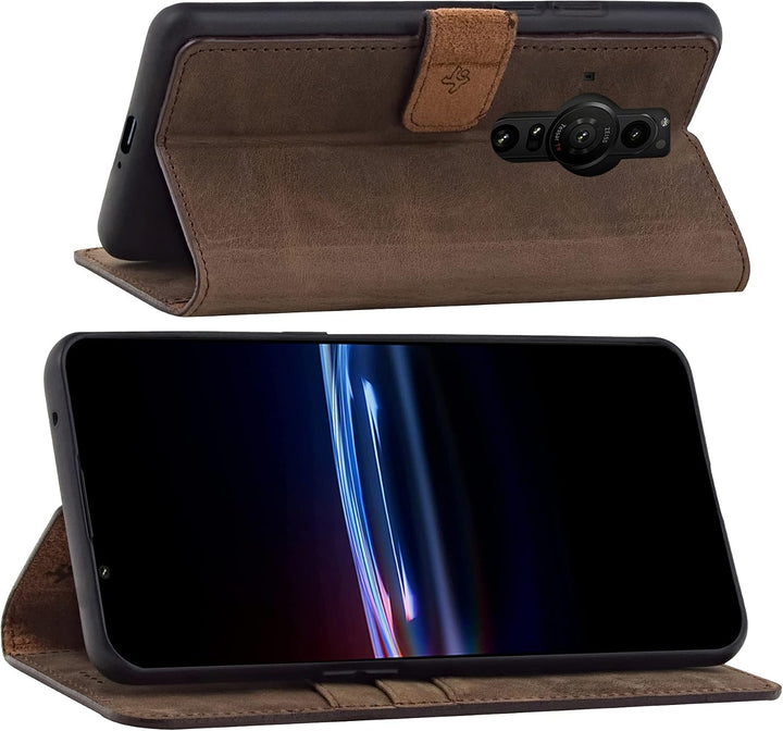 Suncase Book-Style Hülle kompatibel mit Sony Xperia Pro-I Leder Tasche (Slim-Fit) Lederhülle Handyta