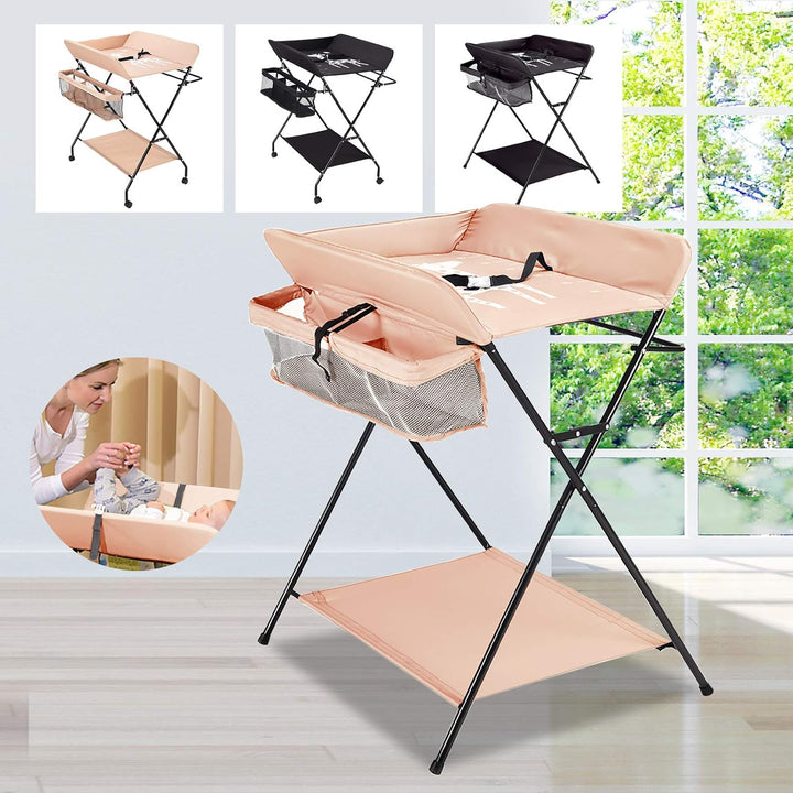 Klappbarer Wickeltisch für Babypflege und Organisation, mit Stauraum und Handtuchhalter, platzsparen
