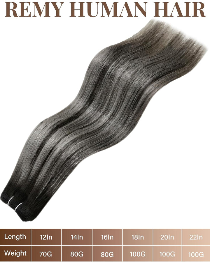 Hetto Tressen Echthaar Balayage Schwarz & Silber 50cm 100g - Für Komplette Verlängerungen, Robuste W