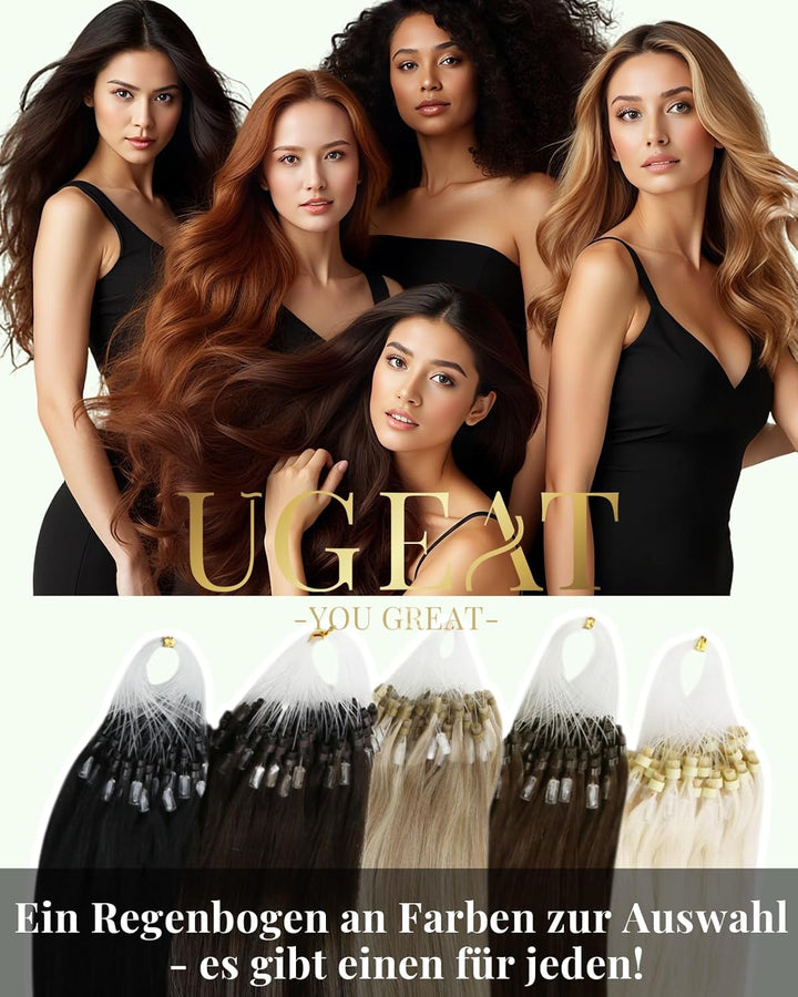 Ugeat 45cm Microring Haarverlängerung Echthaar Balayage Dunkelbraun zu Mittelbraun und Bleichblond 4
