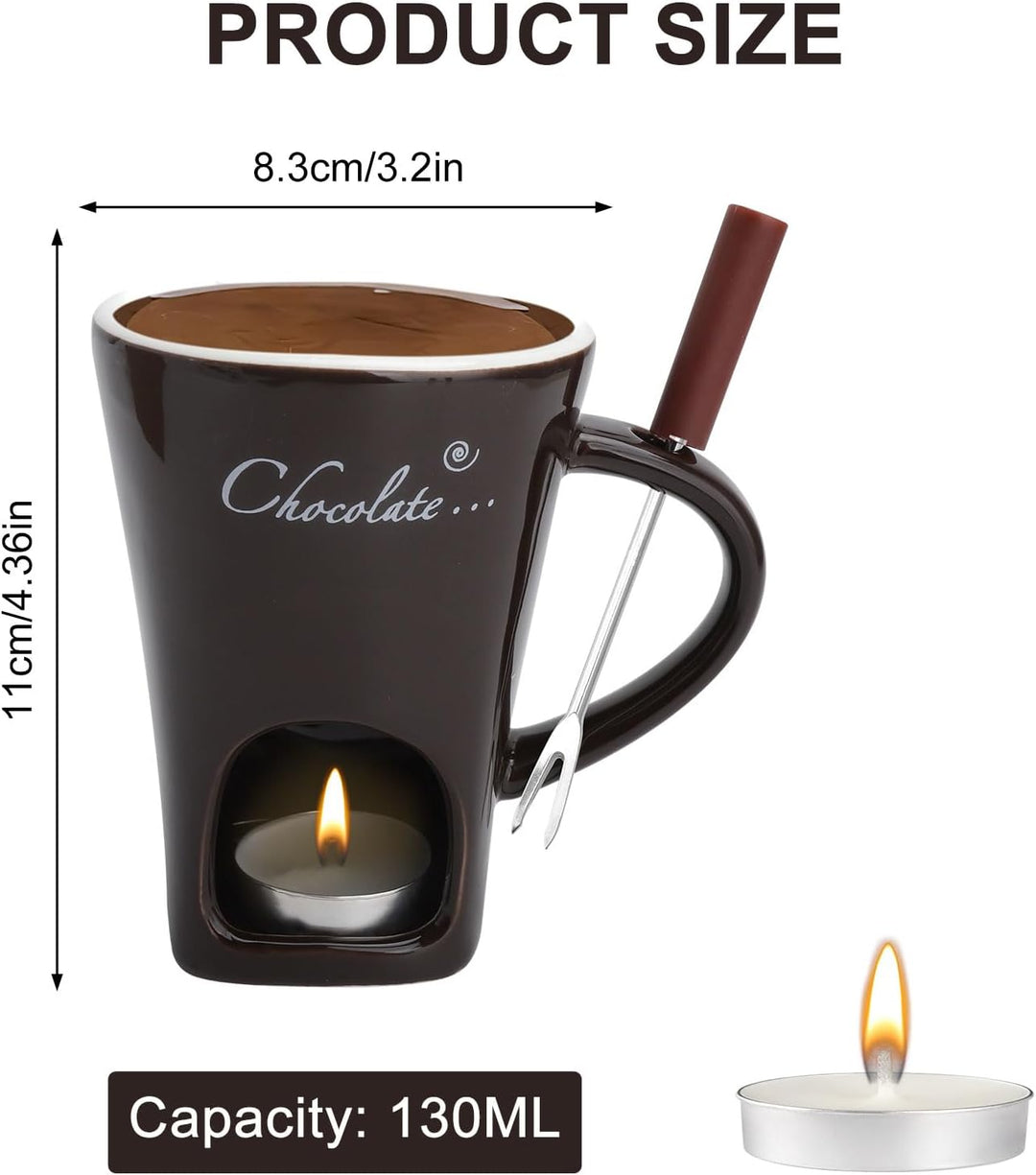Schokofondue Tasse Keramik 130ML Schoko Fondue Cup mit Teelichthalter und Gabeln Schokoladenfondue S