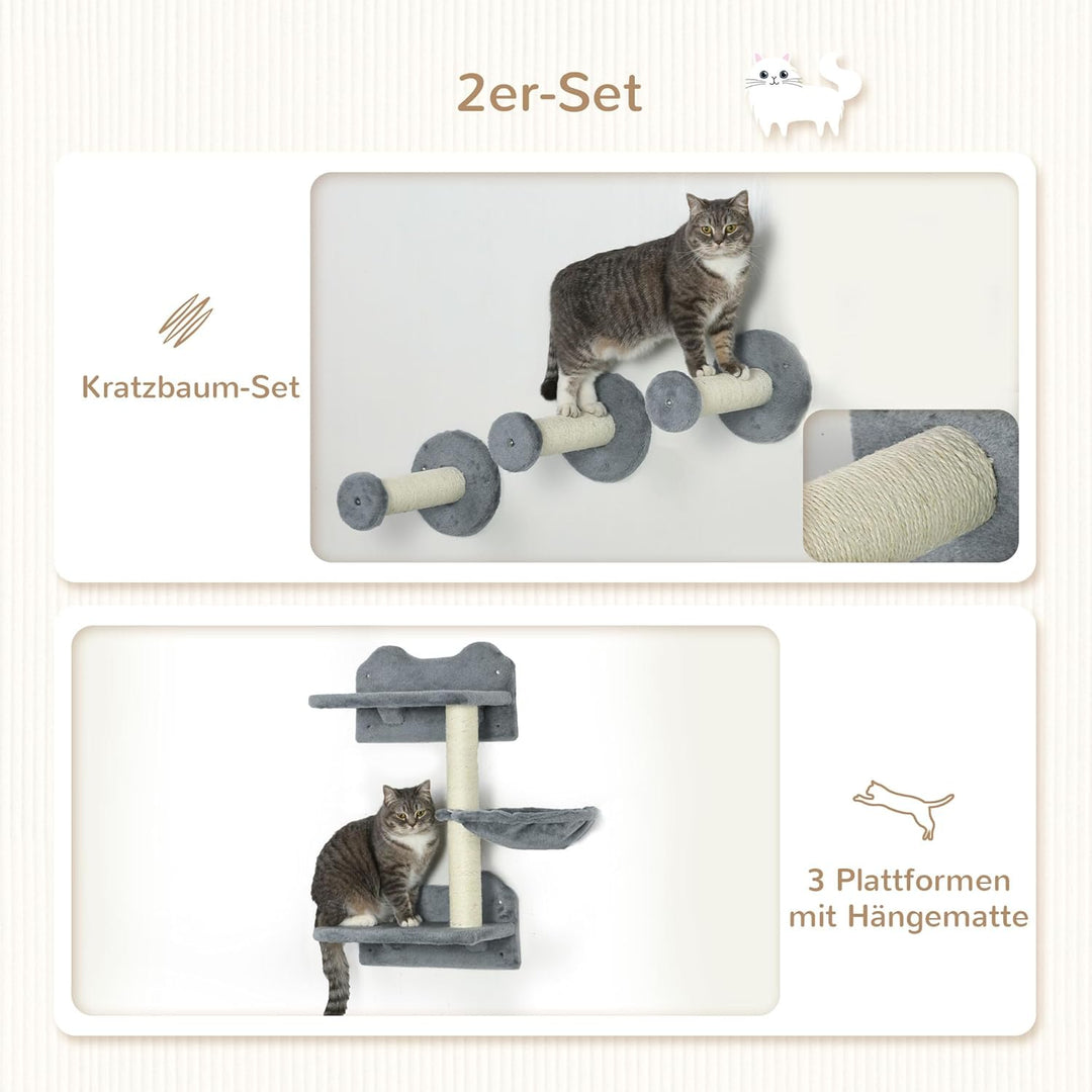 PawHut Katzen Kletterwand, 4-teilig, Katzenkletterwand, inkl. 1 x Sprungturm, 3 x Kratzbäume, Klette