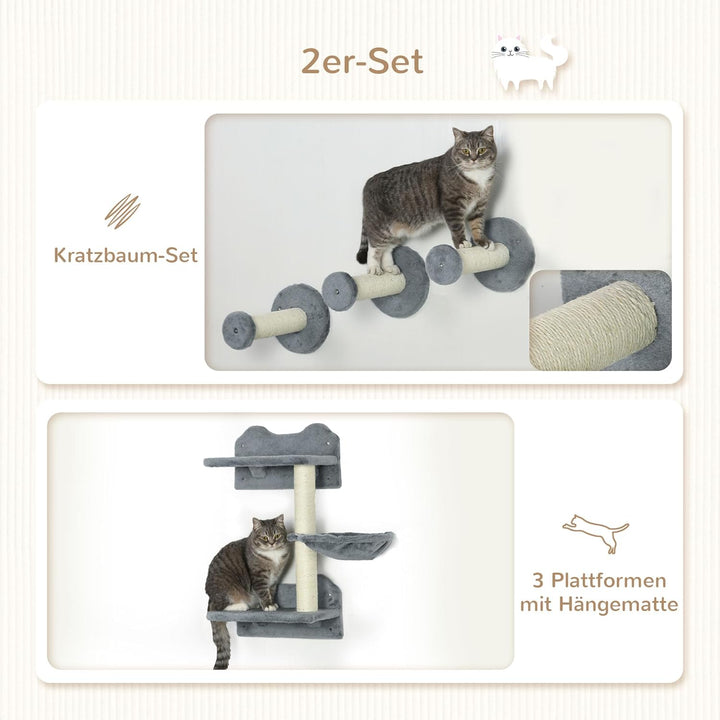 PawHut Katzen Kletterwand, 4-teilig, Katzenkletterwand, inkl. 1 x Sprungturm, 3 x Kratzbäume, Klette