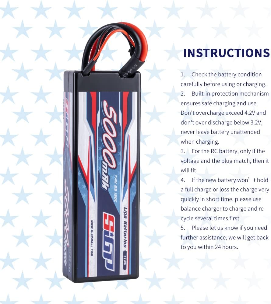 SIGP 2S 7.4V Lipo Battery 5000mAh 130C Hard Case with Deans T Plug for RC Car Truck Boat Vehicles Ta