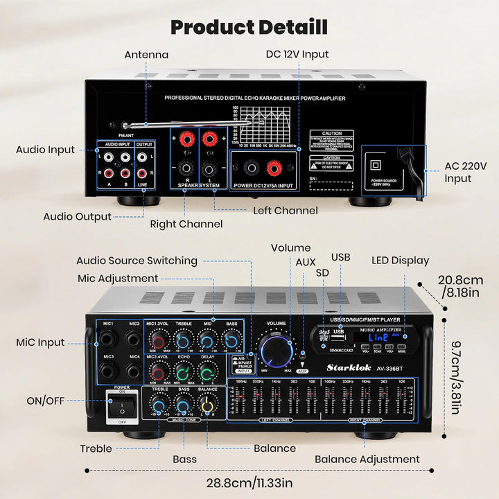 HiFi Verstärker Stereo Bluetooth Verstärker mit Fernbedienung, 2 Kanal Endstufe mit 5-Band-EQ, HiFi