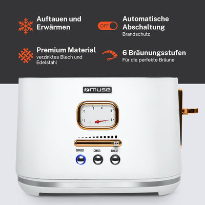 Muse Edelstahl-Toaster im weissen Retro Design, analoge Anzeige, beleuchtete Tasten, 6 Bräunungsstuf