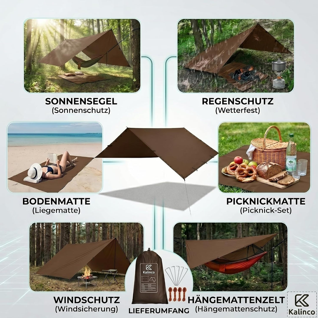 Zeltplane Tarp für Hängematte Regenschutz Sonnensegel für Ourdoor Camping Wasserdicht Anti-UV Brau 3