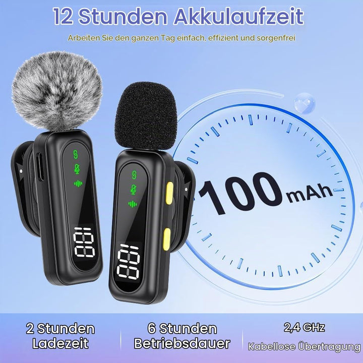 AXFEE Kabelloses Lavalier-Mikrofon, 2er-Pack Mini Mikrofon Mit LED-Anzeigemit und Rauschunterdrückun