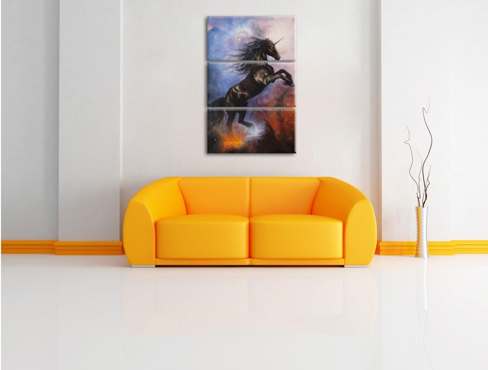 Pixxprint Traumhaftes schwarzes Einhorn / 3-Teilig/Gesamtmass 120cm Leinwandbild bespannt auf Holzra