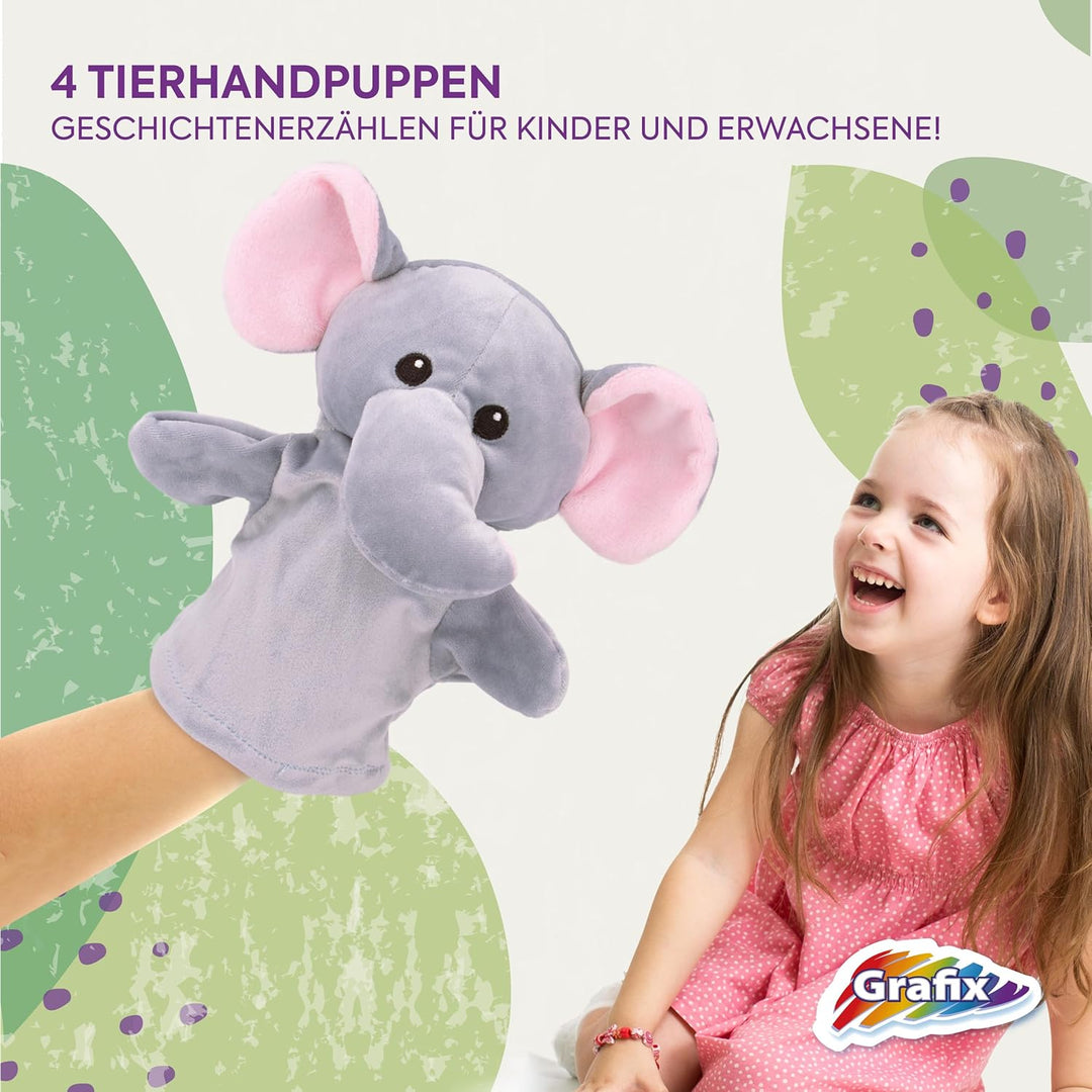 Grafix Tier Handpuppen für Kinder | Ihr eigenes Puppentheater in einer Box! | Set mit 4 handspielpup