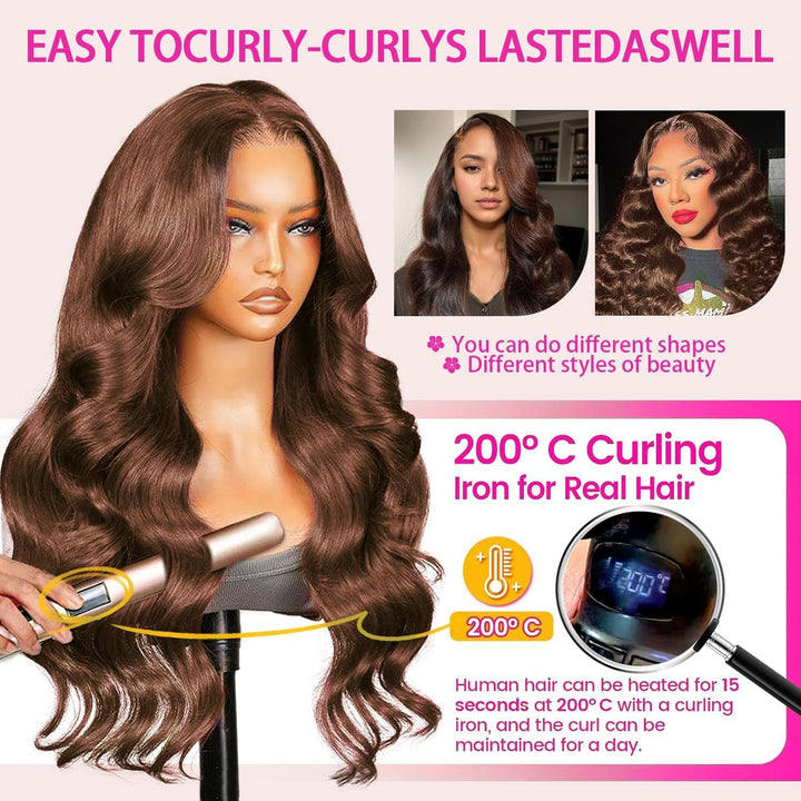 Chocolate Brown brasilianische Echthaar-Perücke, 61 cm, 13 x 6, Body Wave Lace Front-Perücke #4, nat