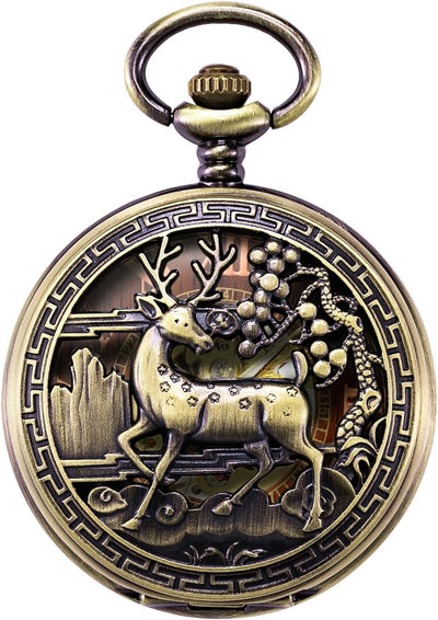 TREEWETO Unisex Taschenuhr Mechanisch Doppelter Abdeckung Rentier Hirsch Leuchtend Skelett Steampunk