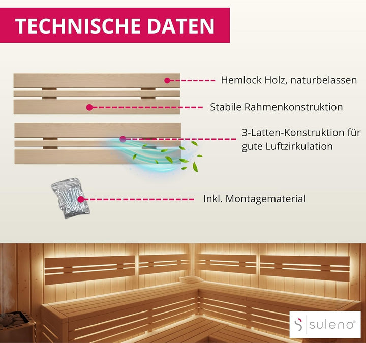 Suleno Sauna Rückenlehnen Set LARVIK, Naturbelassenes Hemlock-Holz, 85 x 21,9 cm, Ast-, harz- & spli
