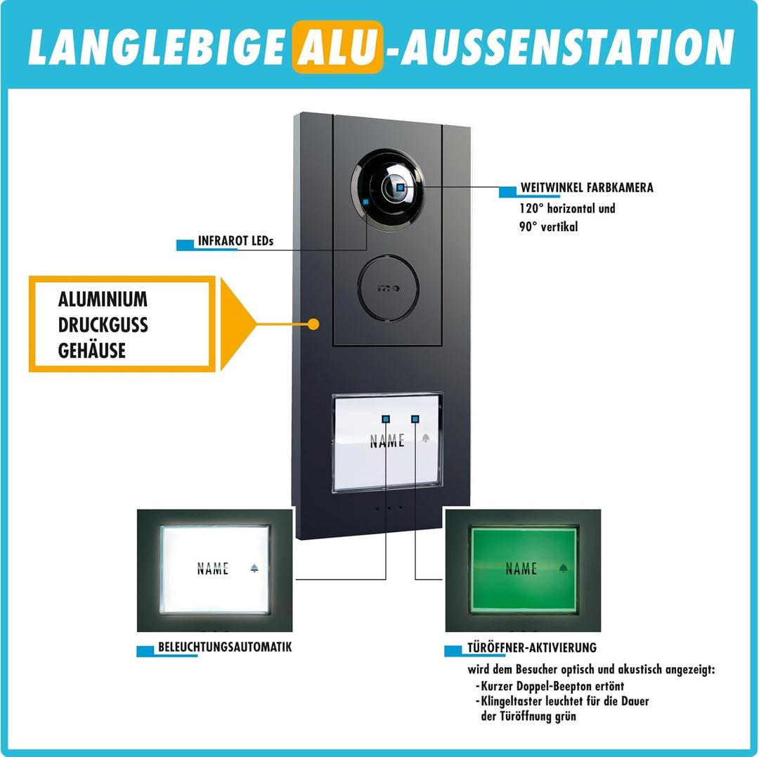 m-e Vistadoor Vistus Video-Türsprechanlage | Aluminium Aussenstation für 1-Familienhaus | 7“ Innenst