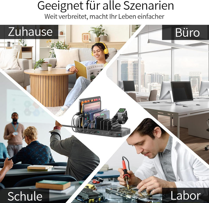 Alxum 140W USB Ladestation Schnellladestation mit QC 3.0 & PD 60W+45W+30W, Ladestation Mehrere Gerät