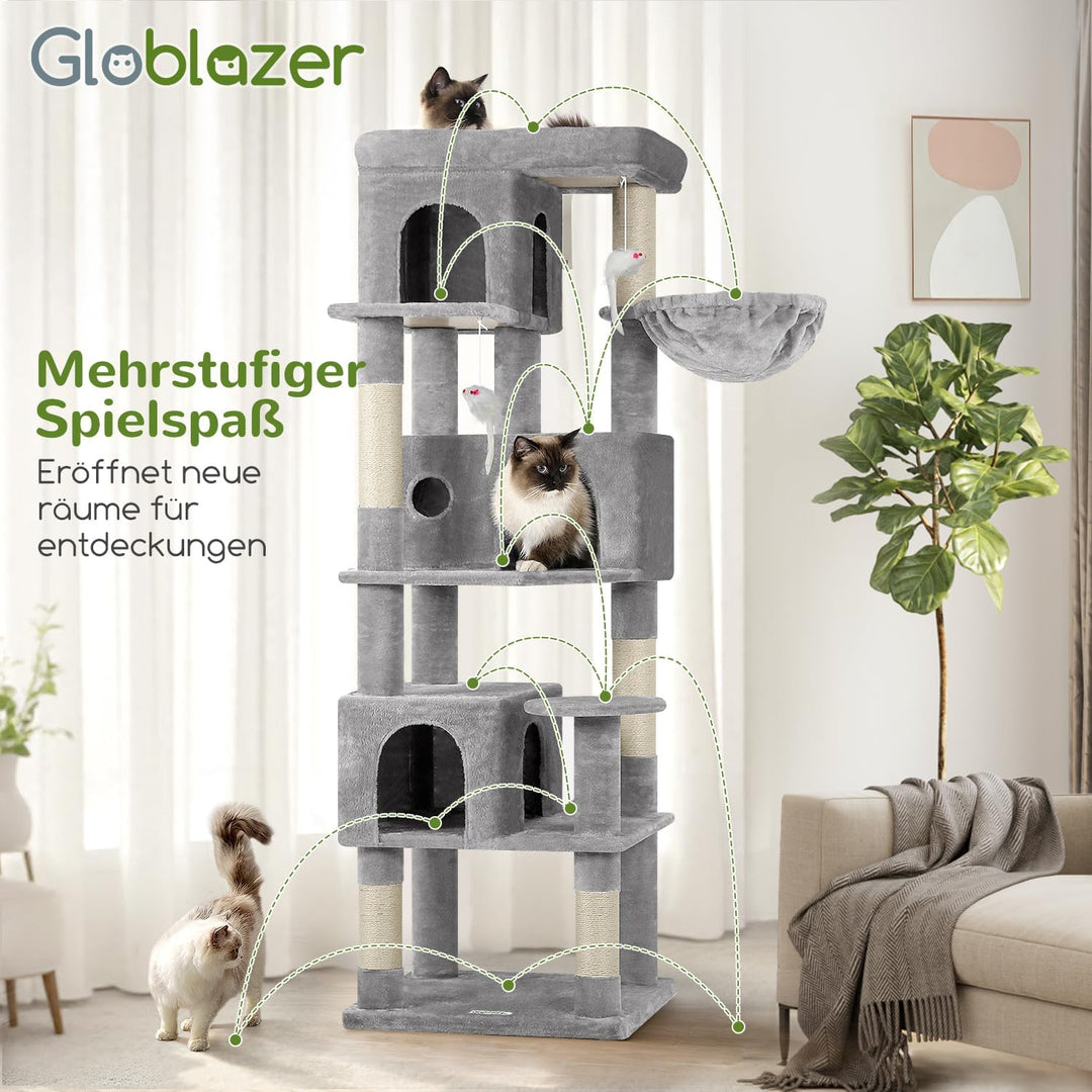 Globlazer Kratzbaum Stabil Passform Ecke hoch 168 cm mit 3 Katzenhäus, Grosse Gepolsterte Plattform,