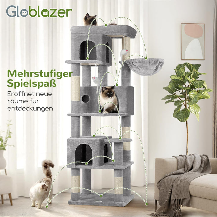 Globlazer Kratzbaum Stabil Passform Ecke hoch 168 cm mit 3 Katzenhäus, Grosse Gepolsterte Plattform,