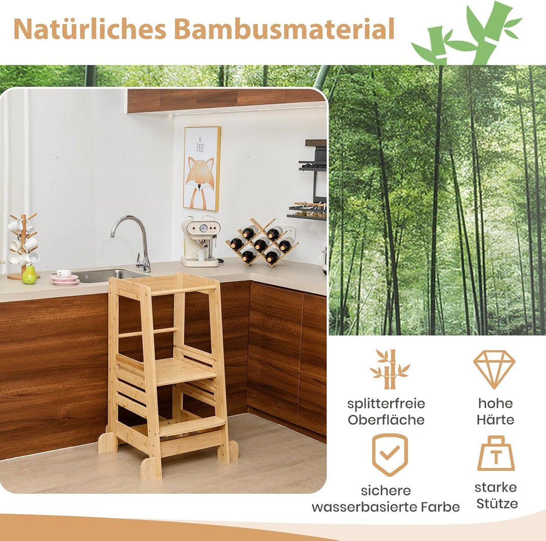 DREAMADE Lernturm für Kleinkinder, Lernstuhl aus Bambus mit 4-stufig höhenverstellbar, Tritthocker m