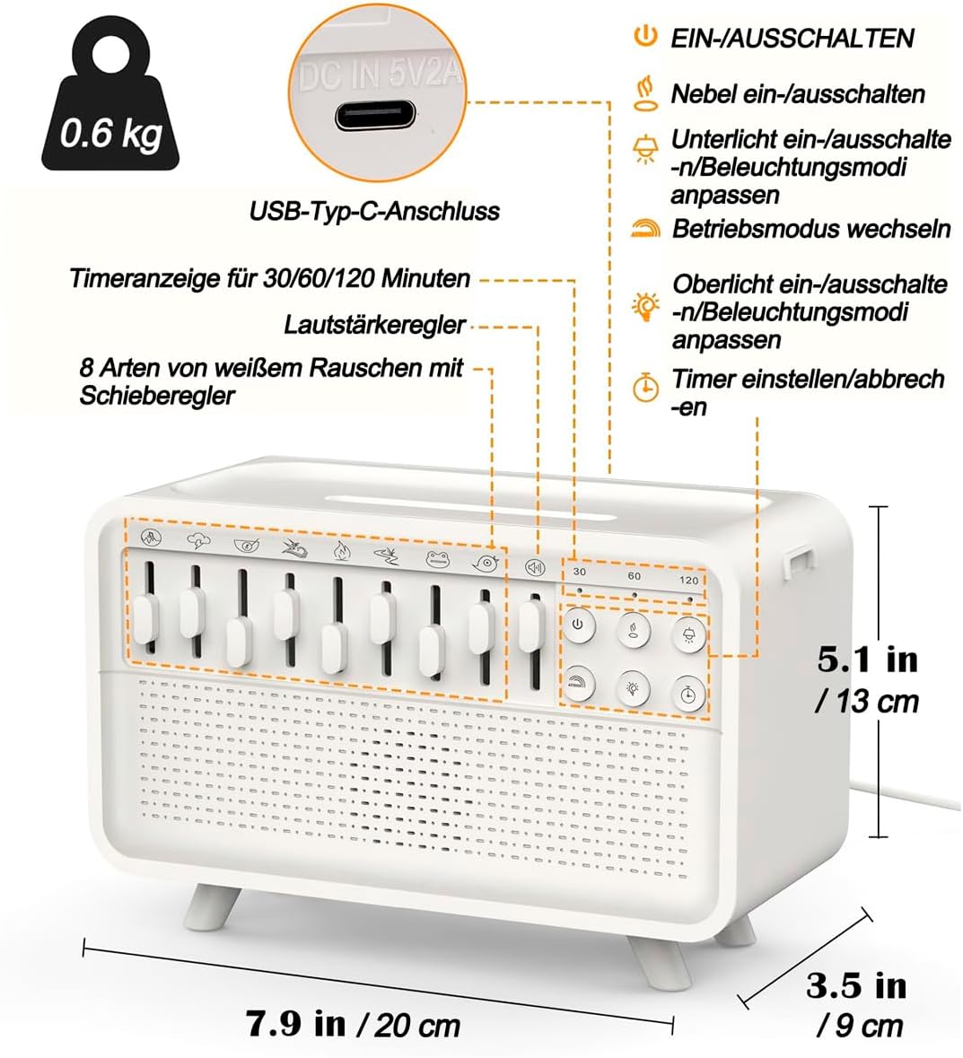 4-in-1 White Noise Machine, 8 Umgebungsgeräuscheffekte, Bluetooth Lautsprecher, Luftbefeuchter mit F