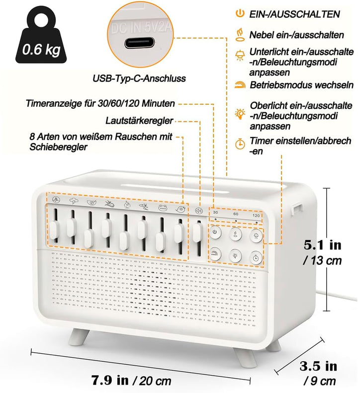4-in-1 White Noise Machine, 8 Umgebungsgeräuscheffekte, Bluetooth Lautsprecher, Luftbefeuchter mit F