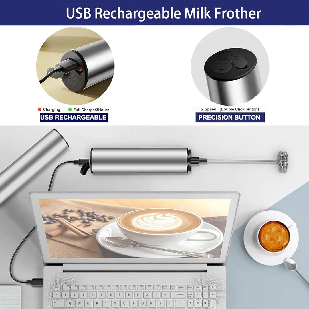 Elektrischer Milchaufschäumer USB wiederaufladbar, 2 Geschwindigkeitsstufen, Edelstahl Hand-Milchauf