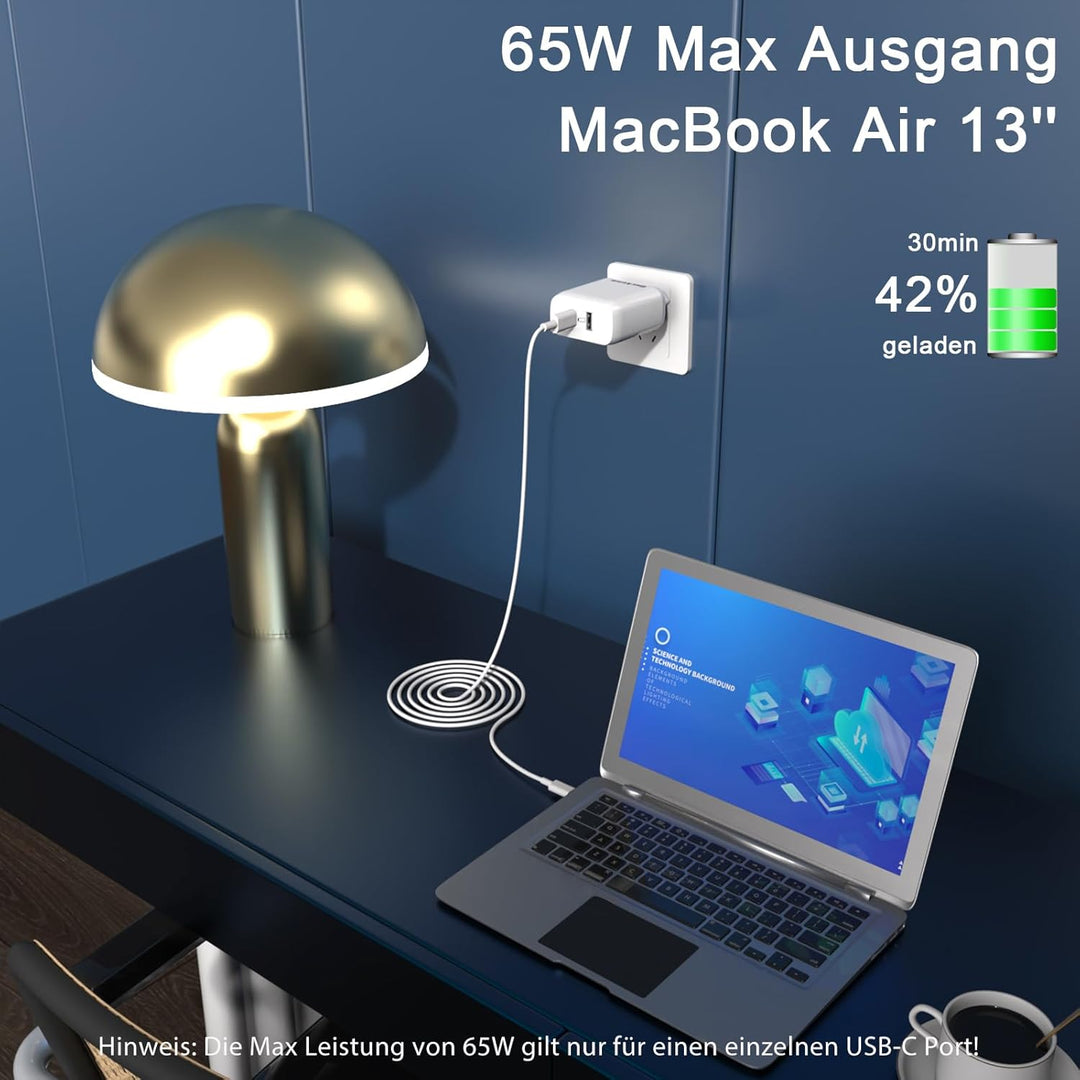 Qackenm USB C Ladegerät 65W, GaN Schnellladegerät mit 2M USB-C Kabel, 2-Port USB-C Netzteil PPS für