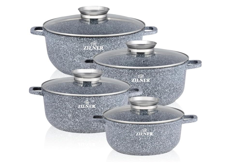 Topfset Induktion 8-Teilig mit Glasdeckel | Kochtopf Set 4 Töpfen aus Aluminiumguss | 4x Kochtöpfe Ø