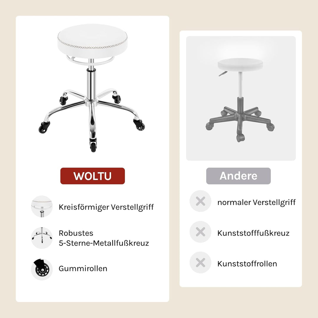 WOLTU Rollhocker höhenverstellbar, Bürohocker 360° drehbar, Weiss | Drehhocker mit Rollen, runder Ho