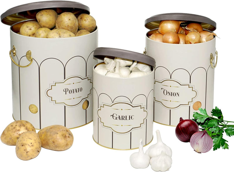 Lashuma Vorratsdosen Retro für Zwiebeln - Kartoffeln, Aufbewahrungsbox Knoblauch mit Deckel 22 cm Re